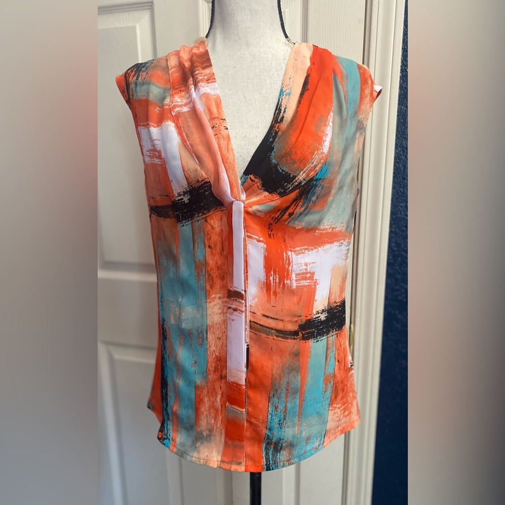 Orange and Blue Sleeveless Tie Front Blouse
